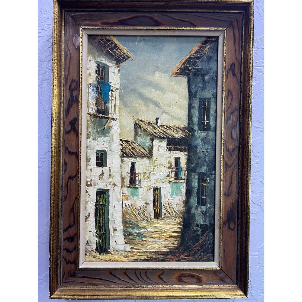 Vintage Teves Oil Painting on Canvas Depicting A Spanish Town Courtyard